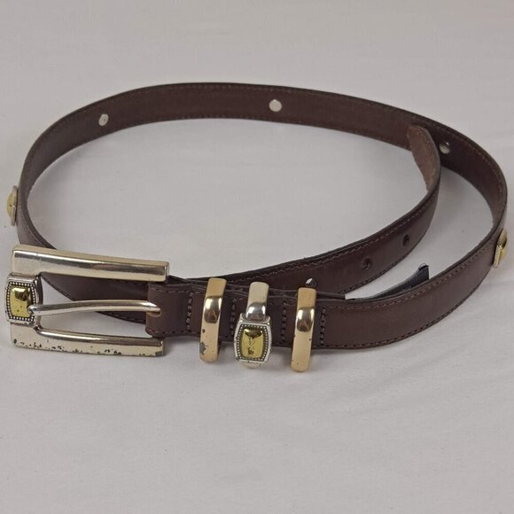 Brighton Brown Leather Belt Size Small 28 Silver and Gold Hardware Studded - Picture 1 of 10